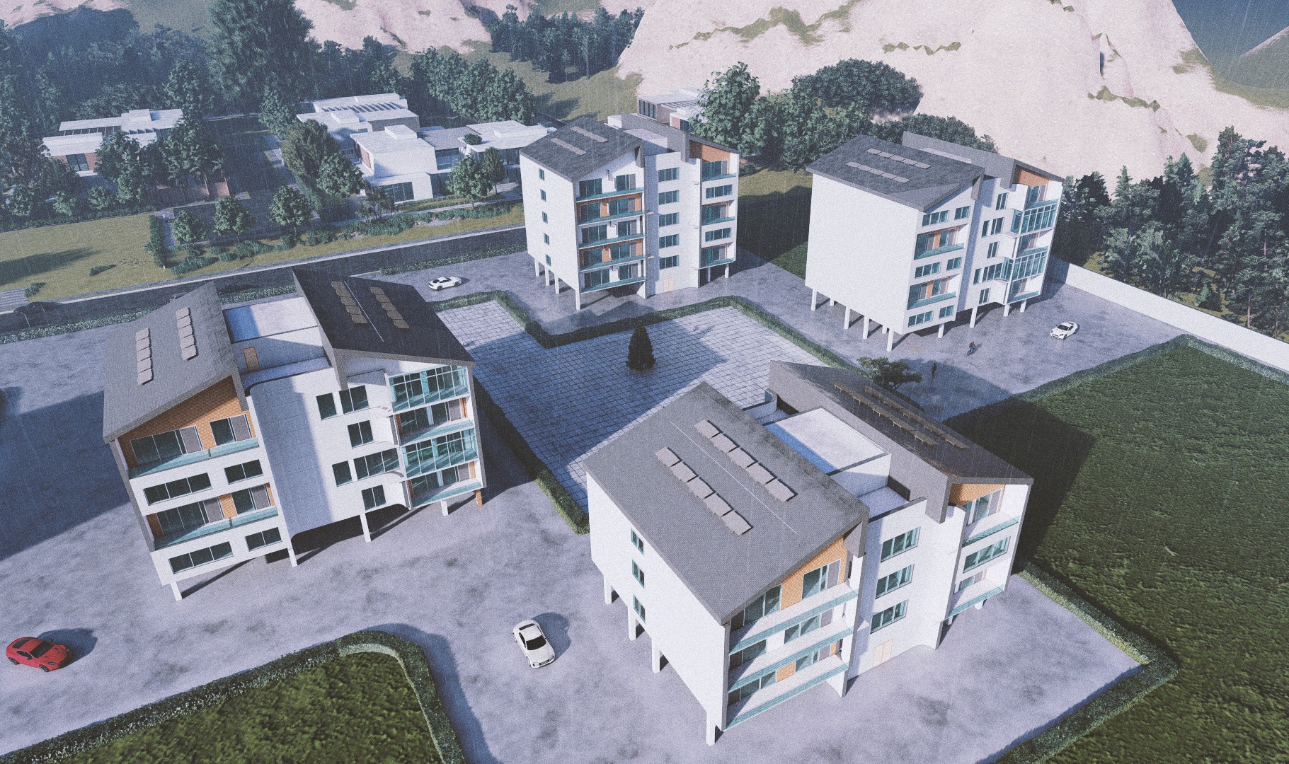 Aerial rendering of residential buildings and shared courtyards in Babolsar