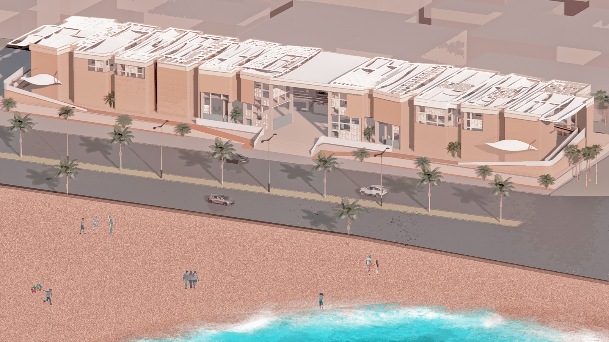 Waterfront aerial rendering of Hayat Bazaar in Bandar Abbas, with fabric roofs, a palm-lined street and the beach