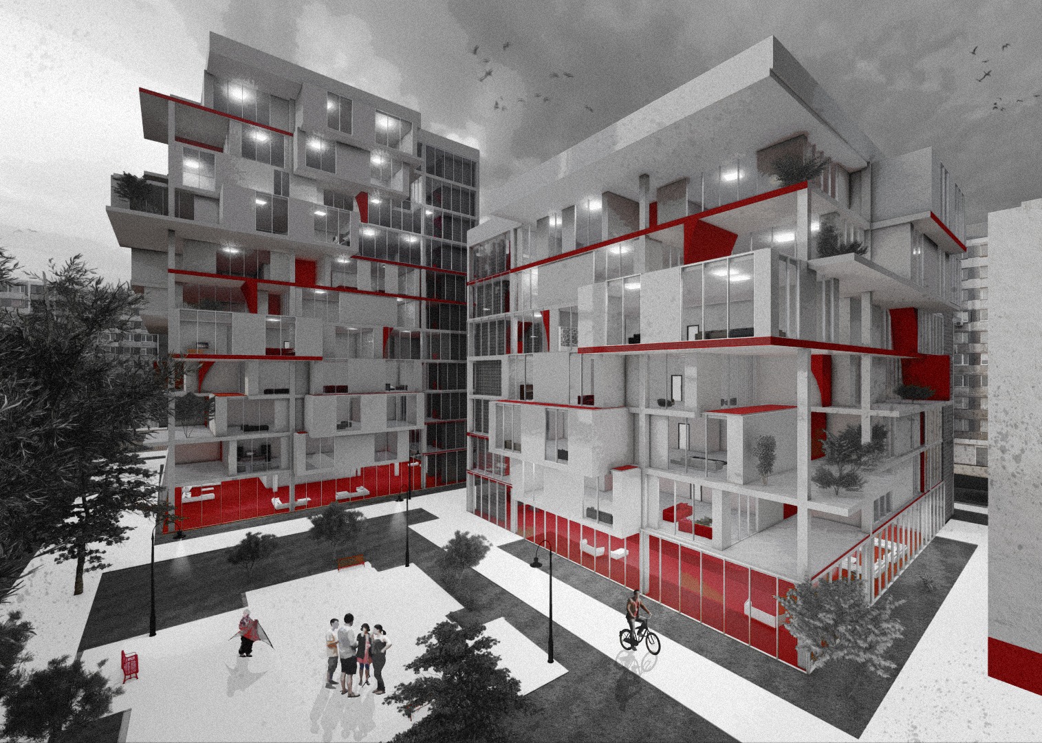 Lego Complex courtyard with interlocking residential volumes and red balconies