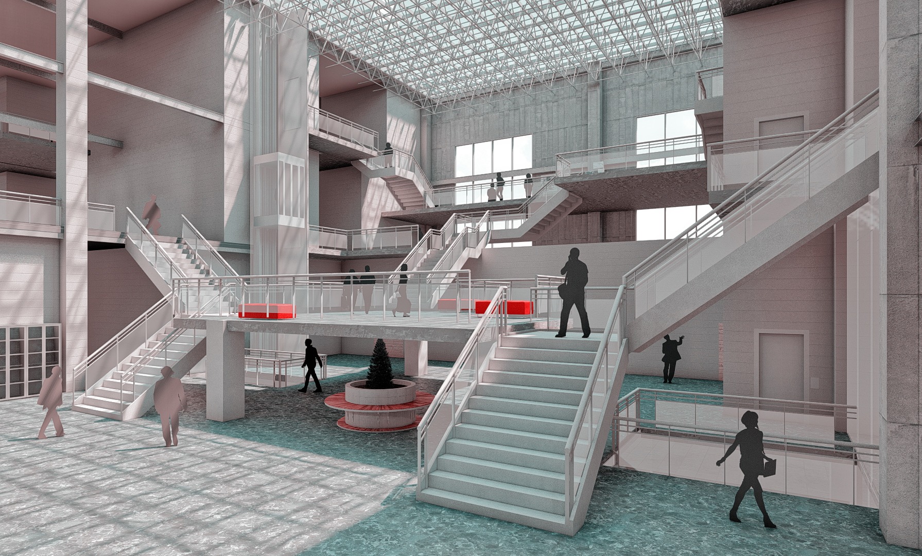 Daylit atrium of the Net Zero Carbon Startup Building, with connecting stairs and a glazed roof