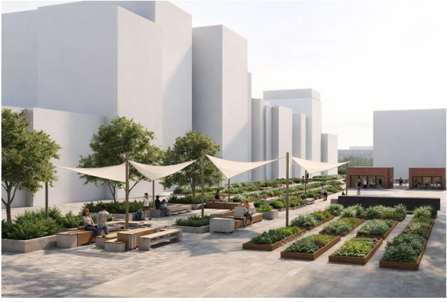 Concept visualization of a shaded community garden in Shahrara